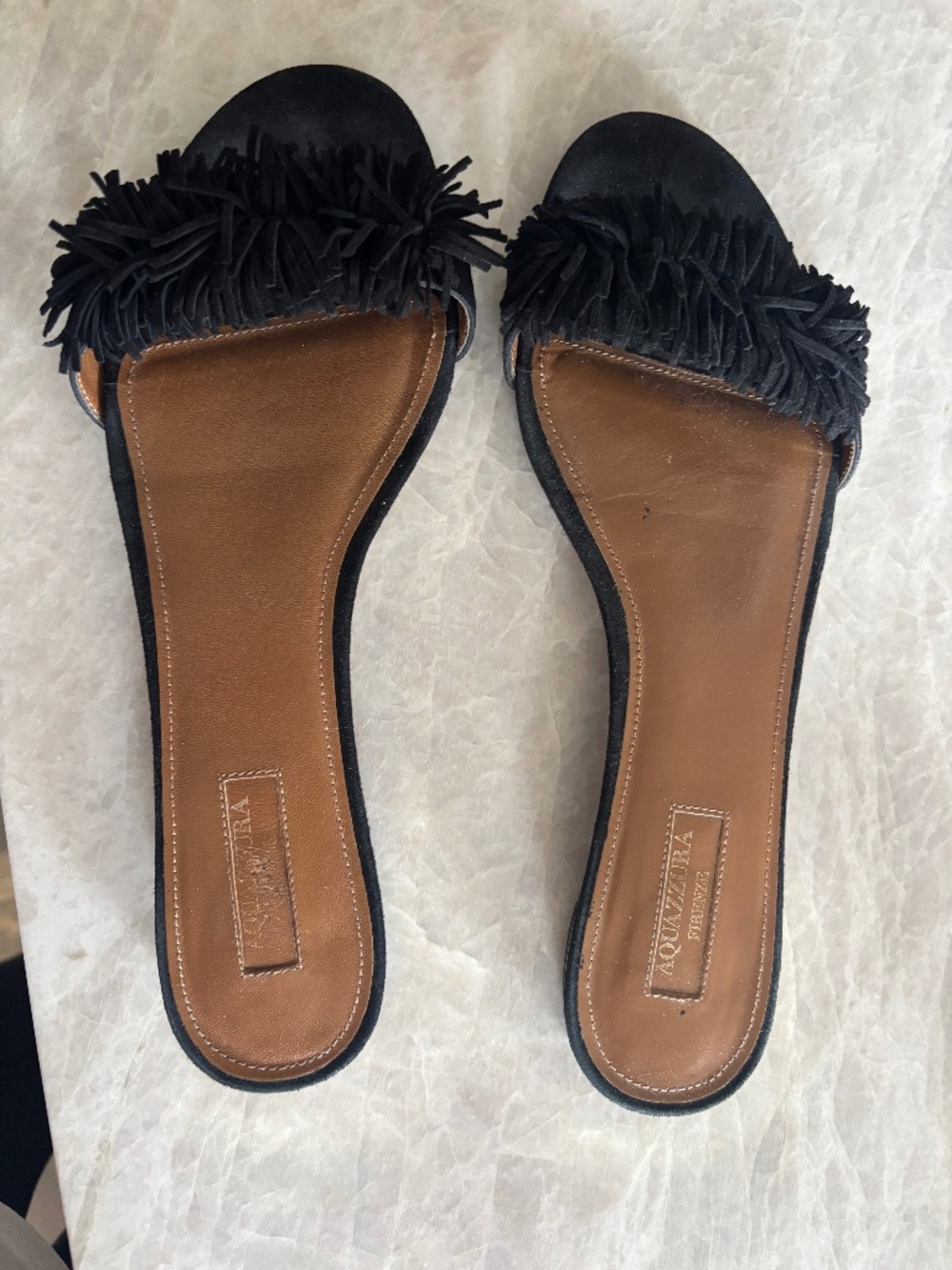 AQUAZZURA Black Suede "Wild Thing" Fringe Flat Slide Sandals - Size 40.5